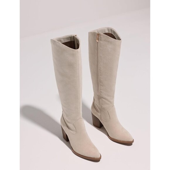 Womens Suede Beige Side Zipper Knee High Pointed Toe Chunky Heel Tall Boots - Picture 5 of 6